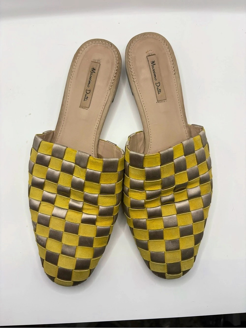 Massimo Dutti Woven Checkered Mules Yellow & Gray EU 38